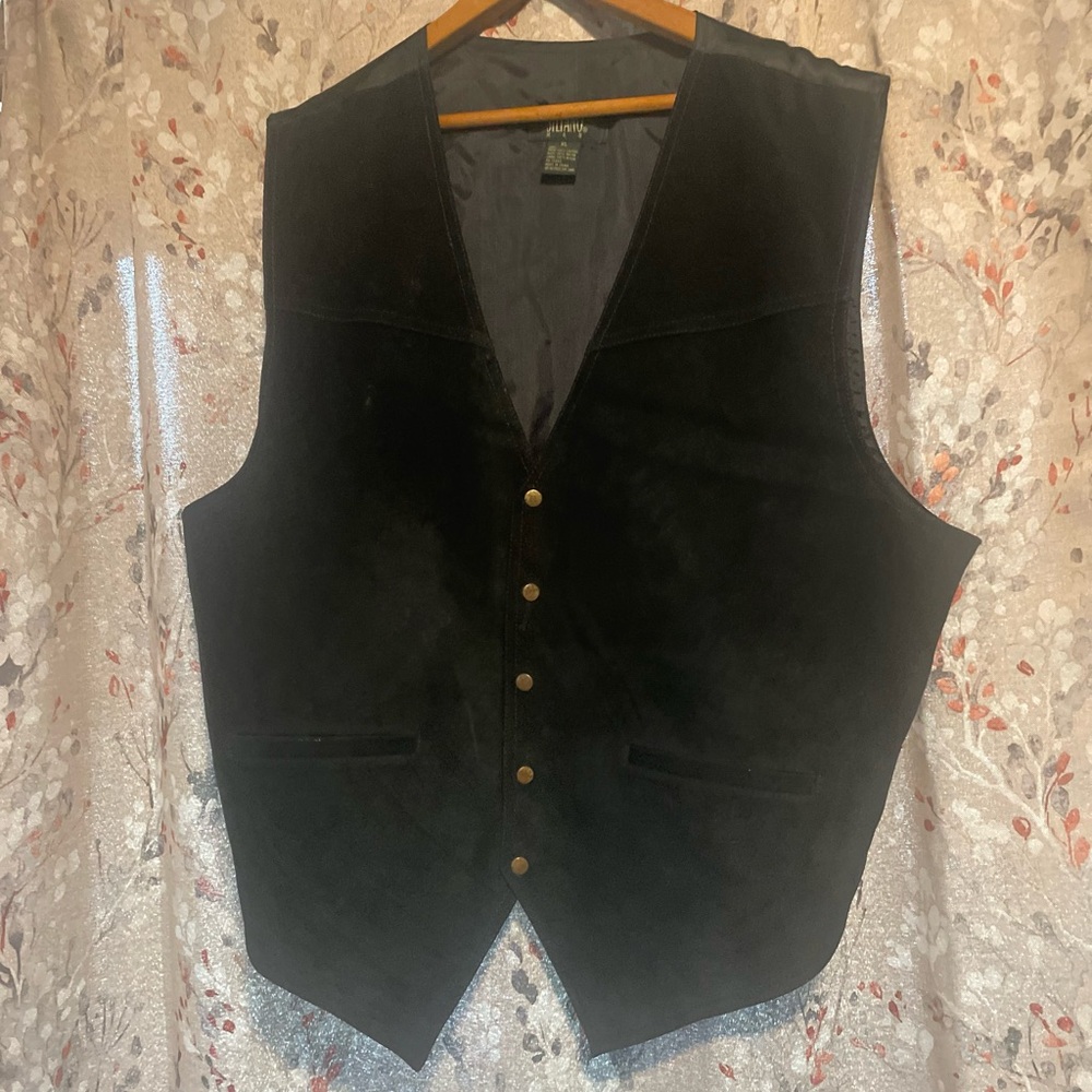 Vintage Stefano Man Black Leather Vest Snap Button, Men’s XL